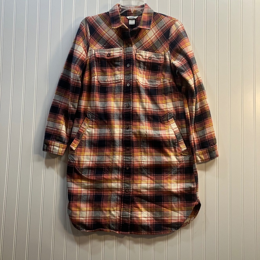 Duluth Trading Womens XS Orange Plaid‎ Flannel Shirt Dress Free Swingin Folklore